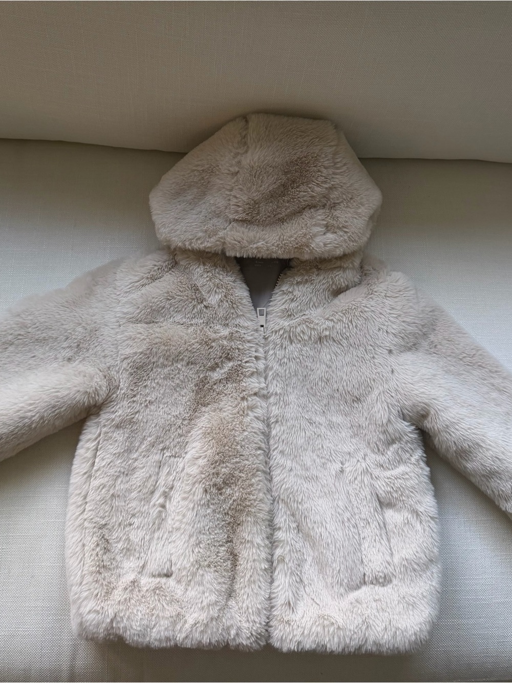 Zara Kids Faux Fur Hooded Jacket in Light Beige